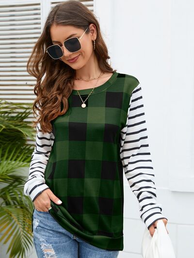 Plaid Striped Round Neck Long Sleeve T-Shirt-TOPS / DRESSES-[Adult]-[Female]-Army Green-S-2022 Online Blue Zone Planet