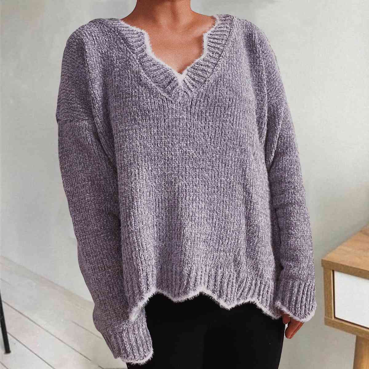 V-Neck Drop Shoulder Long Sleeve Sweater BLUE ZONE PLANET