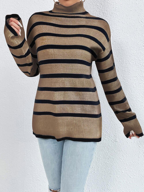 Striped Turtleneck Long Sleeve Sweater BLUE ZONE PLANET