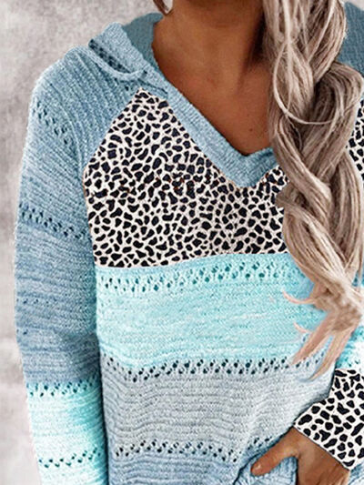 Blue Zone Planet |  Full Size Openwork Leopard Drawstring Hooded Sweater BLUE ZONE PLANET