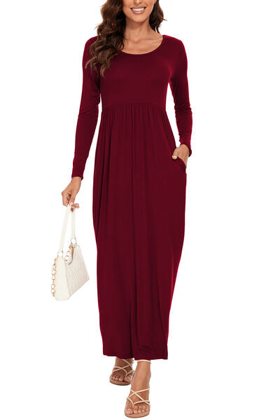 Round Neck Long Sleeve Pocketed Maxi Dress-TOPS / DRESSES-[Adult]-[Female]-2022 Online Blue Zone Planet