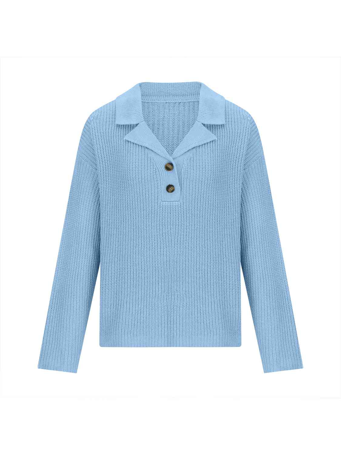 Collared Neck Half Button Knit Top BLUE ZONE PLANET