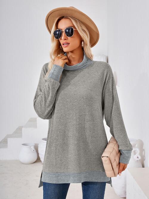 Contrast Mock Neck Long Sleeve T-Shirt BLUE ZONE PLANET