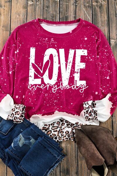 Blue Zone Planet |  LOVE EVERYBODY Leopard Round Neck Sweatshirt BLUE ZONE PLANET