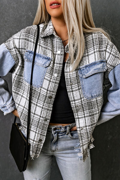 Plaid Pocketed Snap Down Denim Jacket BLUE ZONE PLANET