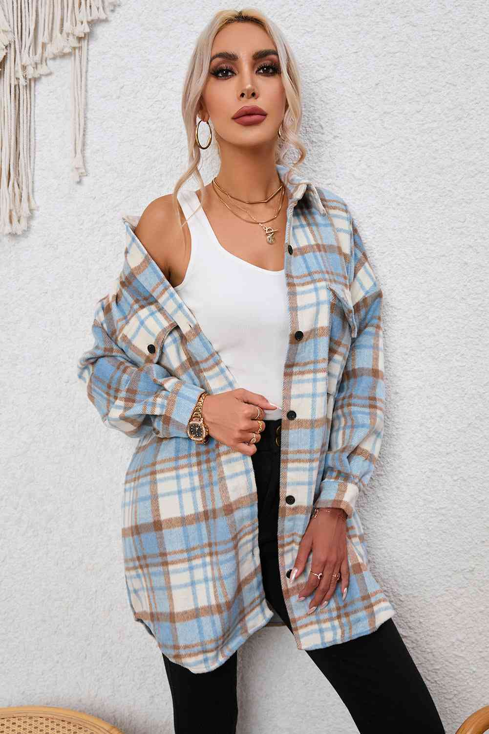 Plaid Dropped Shoulder Shirt Jacket BLUE ZONE PLANET