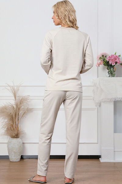 Half Button Round Neck Top and Drawstring Pants Lounge Set Trendsi