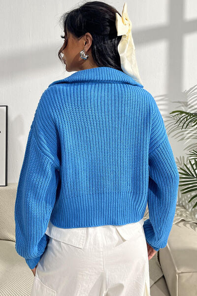 Blue Zone Planet |  Quarter Zip Dropped Shoulder Sweater BLUE ZONE PLANET