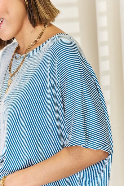 Zenana Striped Round Neck Half Sleeve T-Shirt BLUE ZONE PLANET