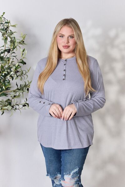 Blue Zone Planet |  Heimish Full Size Texture Half Button Long Sleeve Top BLUE ZONE PLANET