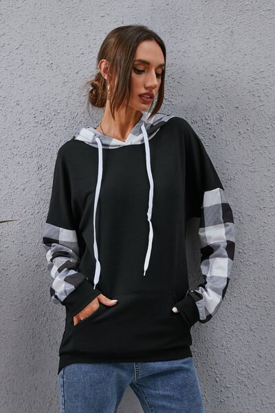 Plaid Drawstring Dropped Shoulder Hoodie BLUE ZONE PLANET