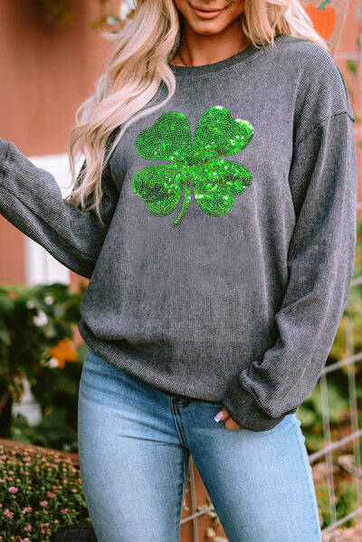 Lucky Clover Sequin Round Neck Sweatshirt BLUE ZONE PLANET