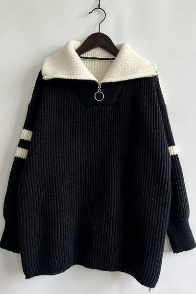 Quarter Zip Striped Dropped Shoulder Sweater Trendsi