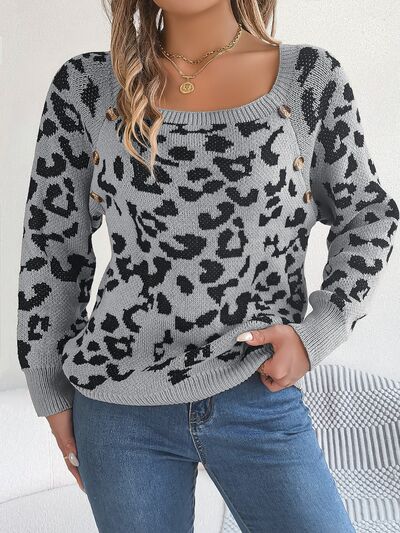 Leopard Buttoned Square Neck Sweater BLUE ZONE PLANET