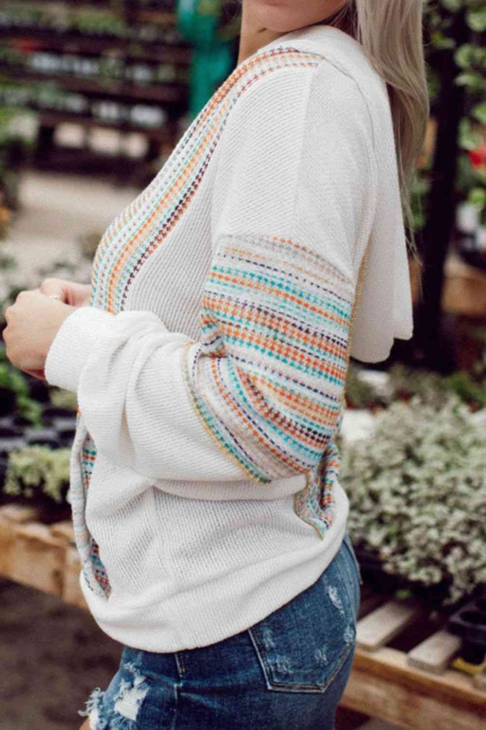 Blue Zone Planet |  Multicolor Striped Patchwork V Neck Drop Shoulder Knit Hoodie BLUE ZONE PLANET