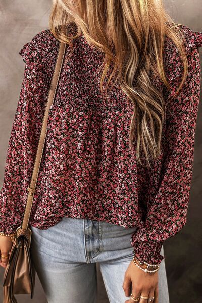 Ruffled Floral Waffle-Knit Blouse BLUE ZONE PLANET