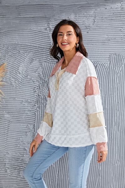 Color Block Exposed Seam Collared Neck Blouse Trendsi