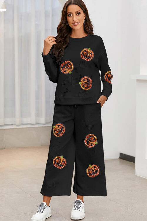 Sequin Patch Pumpkin Top and Pants Set BLUE ZONE PLANET