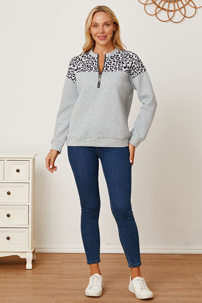 Leopard Half Zip Dropped Shoulder Sweatshirt-TOPS / DRESSES-[Adult]-[Female]-2022 Online Blue Zone Planet