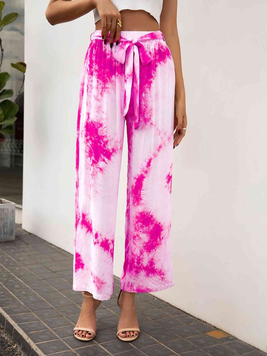 Tie-Dye Tie Front High Waist Pants-BOTTOM SIZES SMALL MEDIUM LARGE-[Adult]-[Female]-Hot Pink-S-2022 Online Blue Zone Planet