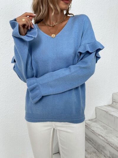 Blue Zone Planet |  Ruffled V-Neck Dropped Shoulder Sweater BLUE ZONE PLANET