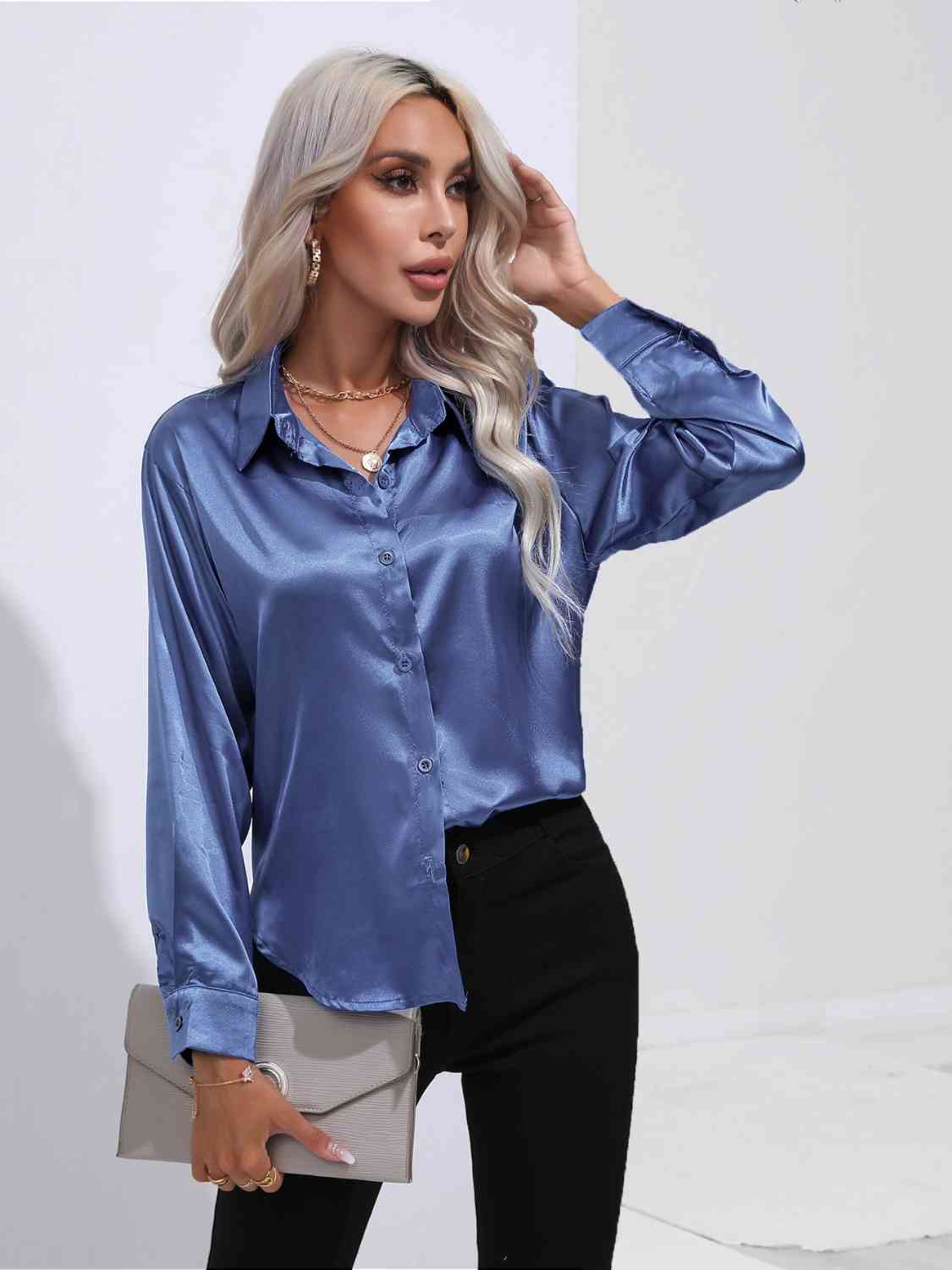 Collared Neck Buttoned Long Sleeve Shirt BLUE ZONE PLANET