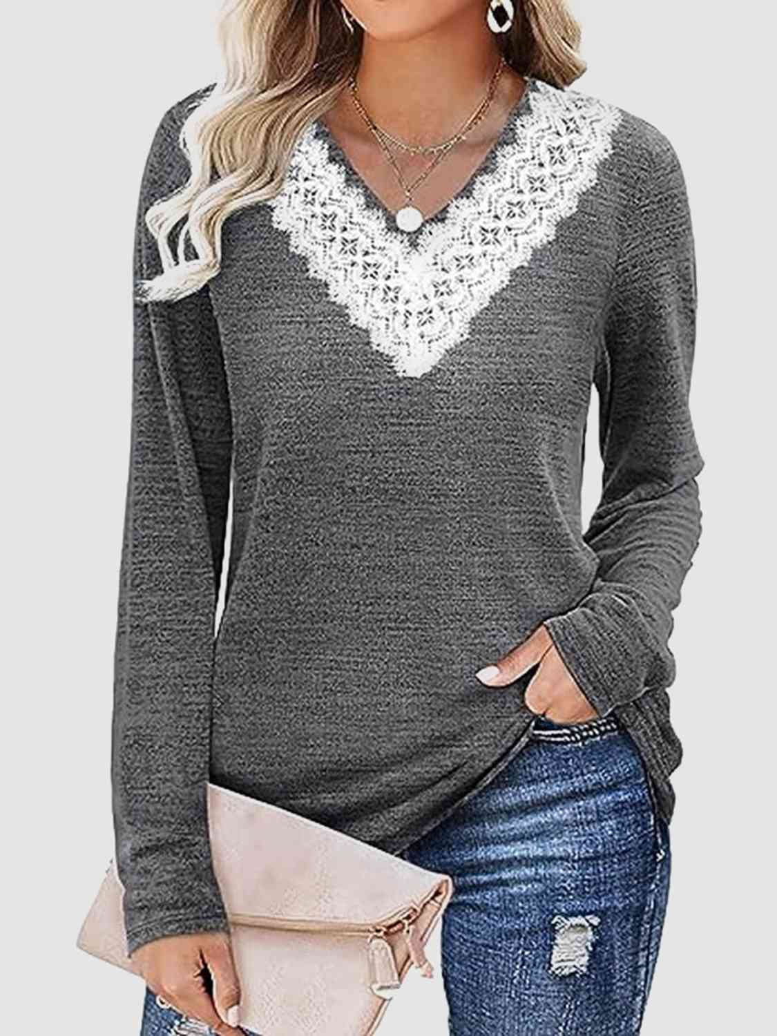 Lace Detail V-Neck Long Sleeve Top BLUE ZONE PLANET