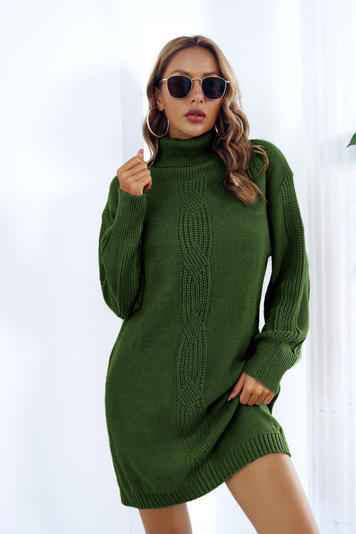 Openwork Turtleneck Long Sleeve Sweater Dress BLUE ZONE PLANET