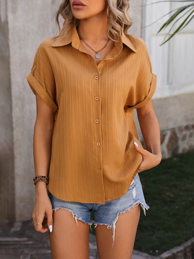 Textured Button Up Cap Sleeve Shirt Trendsi