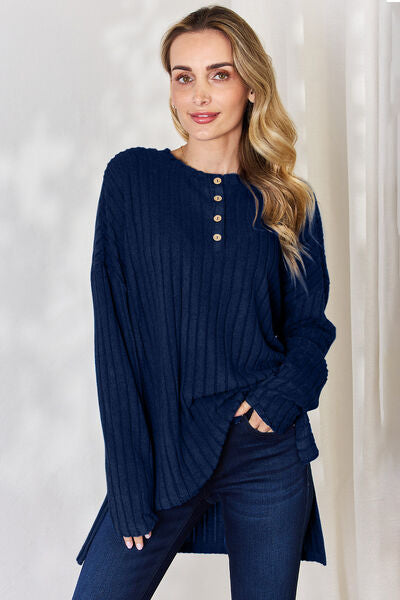 Basic Bae Full Size Ribbed Half Button Long Sleeve High-Low T-Shirt-TOPS / DRESSES-[Adult]-[Female]-Peacock Blue-S-2022 Online Blue Zone Planet