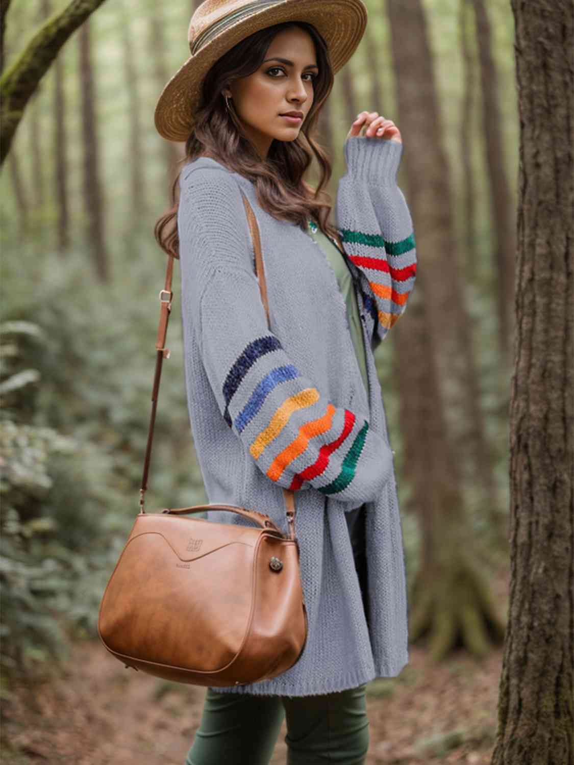 Striped Open Front Long Sleeve Cardigan BLUE ZONE PLANET