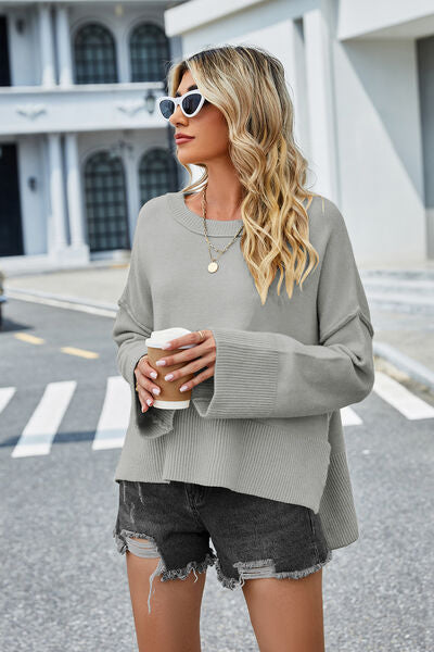 High-Low Slit Round Neck Long Sleeve Sweater BLUE ZONE PLANET