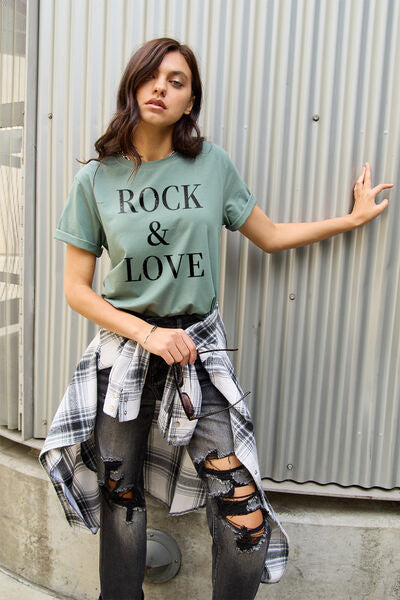 Simply Love Full Size ROCK ＆ LOVE Short Sleeve T-Shirt-TOPS / DRESSES-[Adult]-[Female]-Sage-S-2022 Online Blue Zone Planet