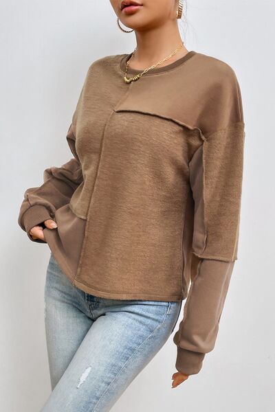 Exposed Seam Round Neck Long Sleeve Sweatshirt BLUE ZONE PLANET