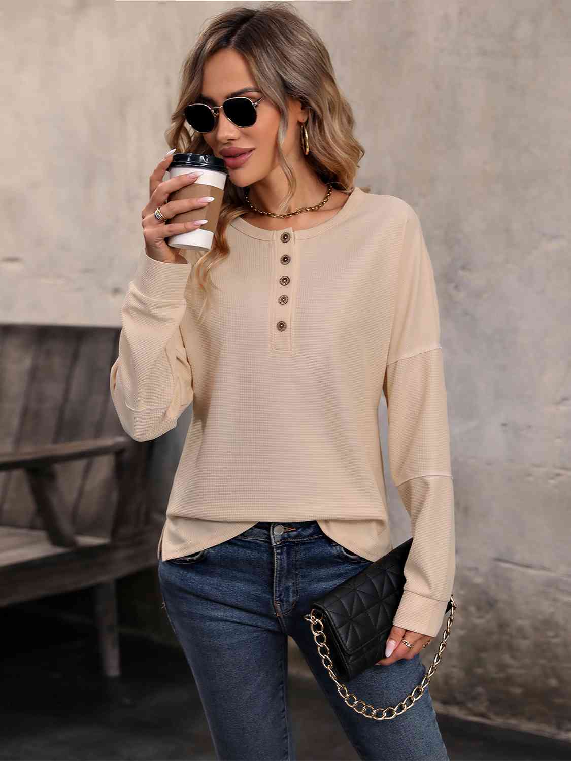 Round Neck Buttoned Slit Long Sleeve Top BLUE ZONE PLANET