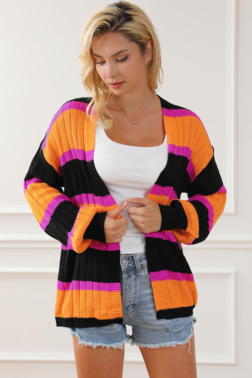 Ribbed Striped Open Front Long Sleeve Cardigan BLUE ZONE PLANET