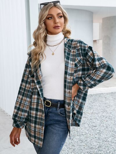 Plaid Snap Down Hooded Jacket Trendsi