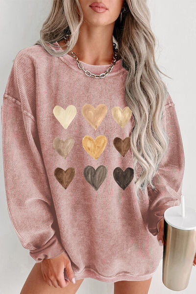 Heart Round Neck Dropped Shoulder Sweatshirt Trendsi