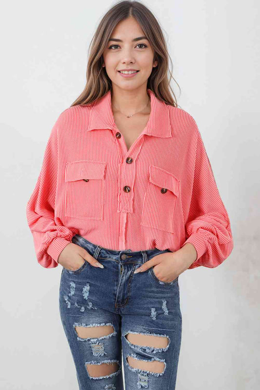Buttoned Collared Neck Long Sleeve Top BLUE ZONE PLANET