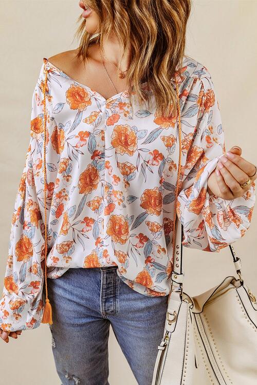 Floral Tie Neck Balloon Sleeve Blouse BLUE ZONE PLANET