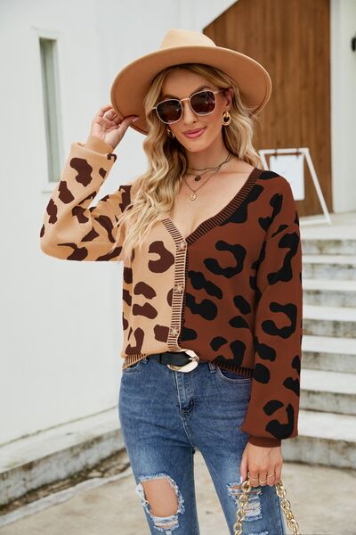 Leopard Button Up Dropped Shoulder Cardigan Trendsi