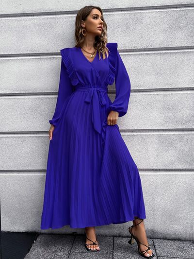 Blue Zone Planet |  Pleated Surplice Tie Waist Maxi Dress BLUE ZONE PLANET