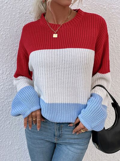 Color Block Round Neck Sweater BLUE ZONE PLANET