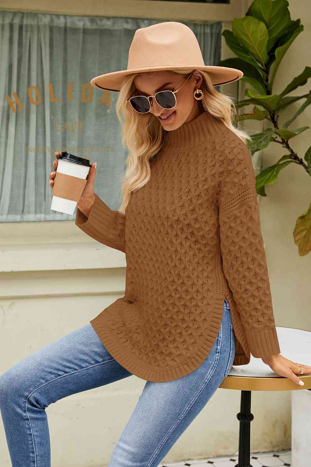 Slit Long Sleeve Mock Neck Sweater BLUE ZONE PLANET