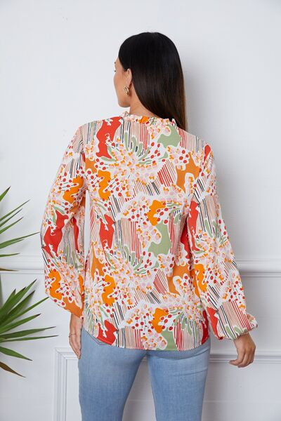 Floral Frill Notched Long Sleeve Blouse Trendsi