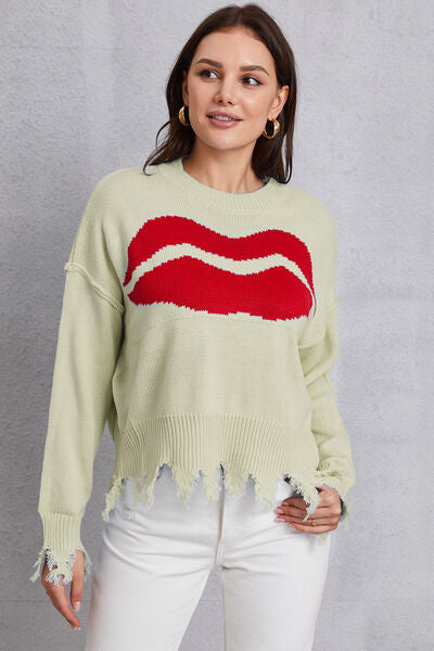 Lip Fringe Round Neck Sweater-TOPS / DRESSES-[Adult]-[Female]-Mist Green-S-2022 Online Blue Zone Planet