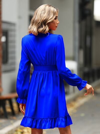 Ruffle Trim V-Neck Flounce Sleeve Dress BLUE ZONE PLANET