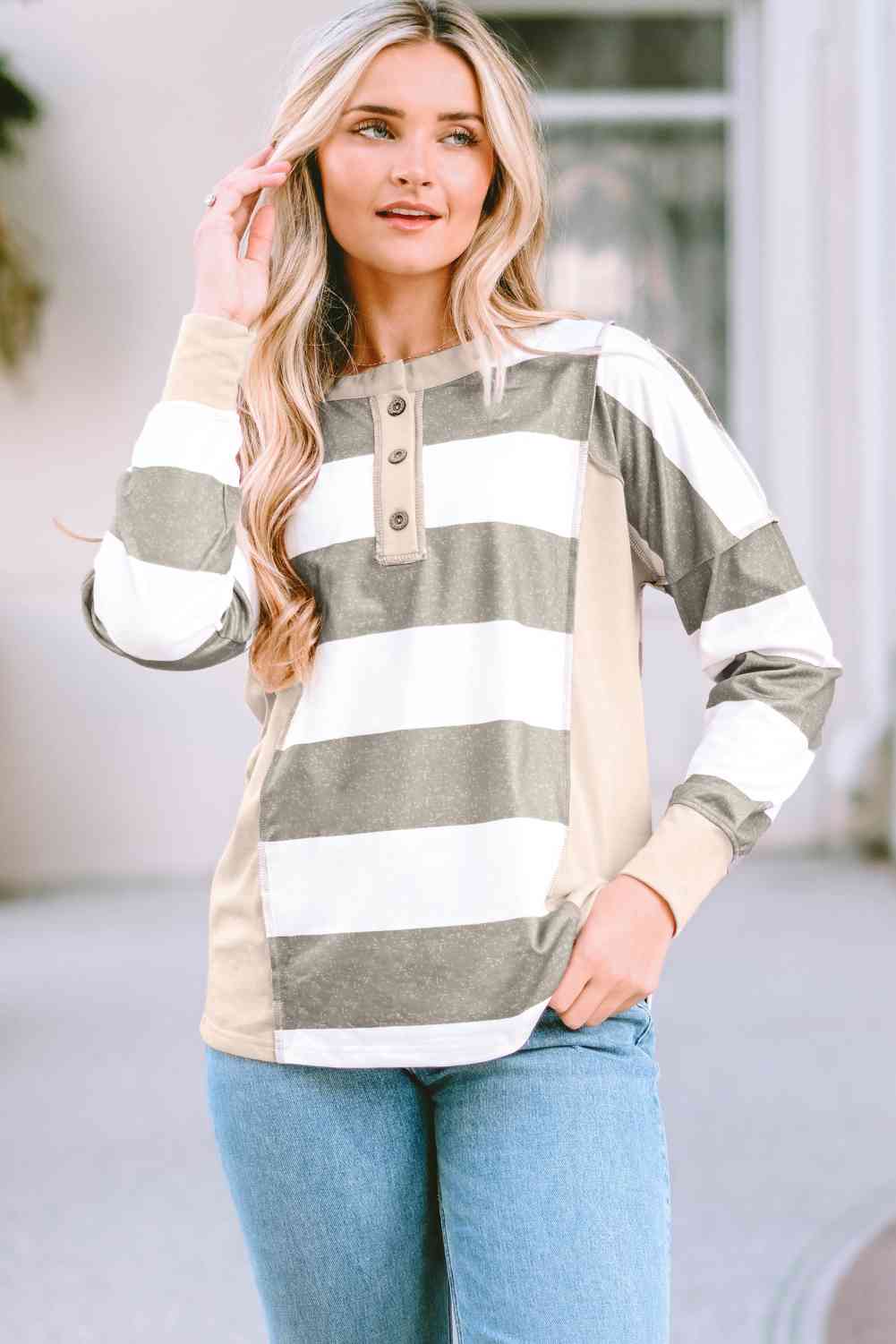 Striped Exposed Seam Buttoned T-Shirt BLUE ZONE PLANET