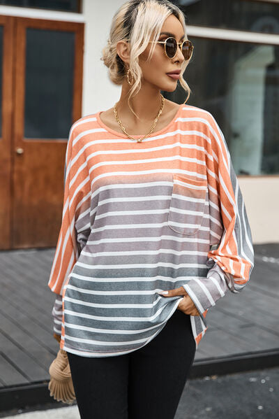 Blue Zone Planet |  Pocketed Striped Round Neck Batwing Sleeve T-Shirt BLUE ZONE PLANET