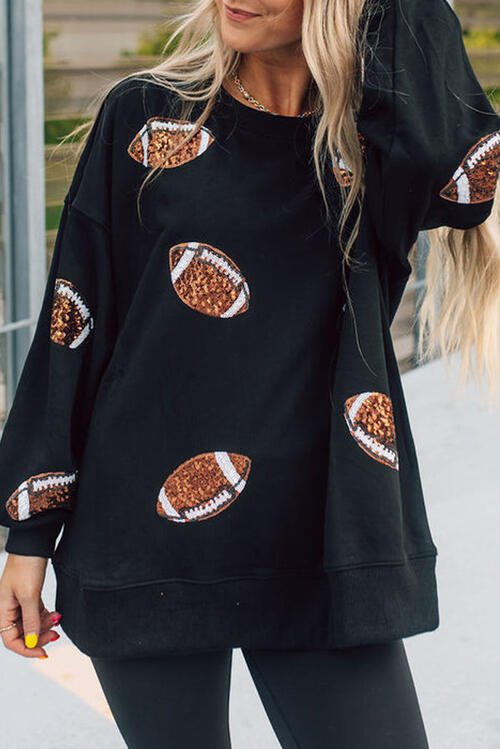 Football Sequin Patch Long Sleeve Sweatshirt Trendsi